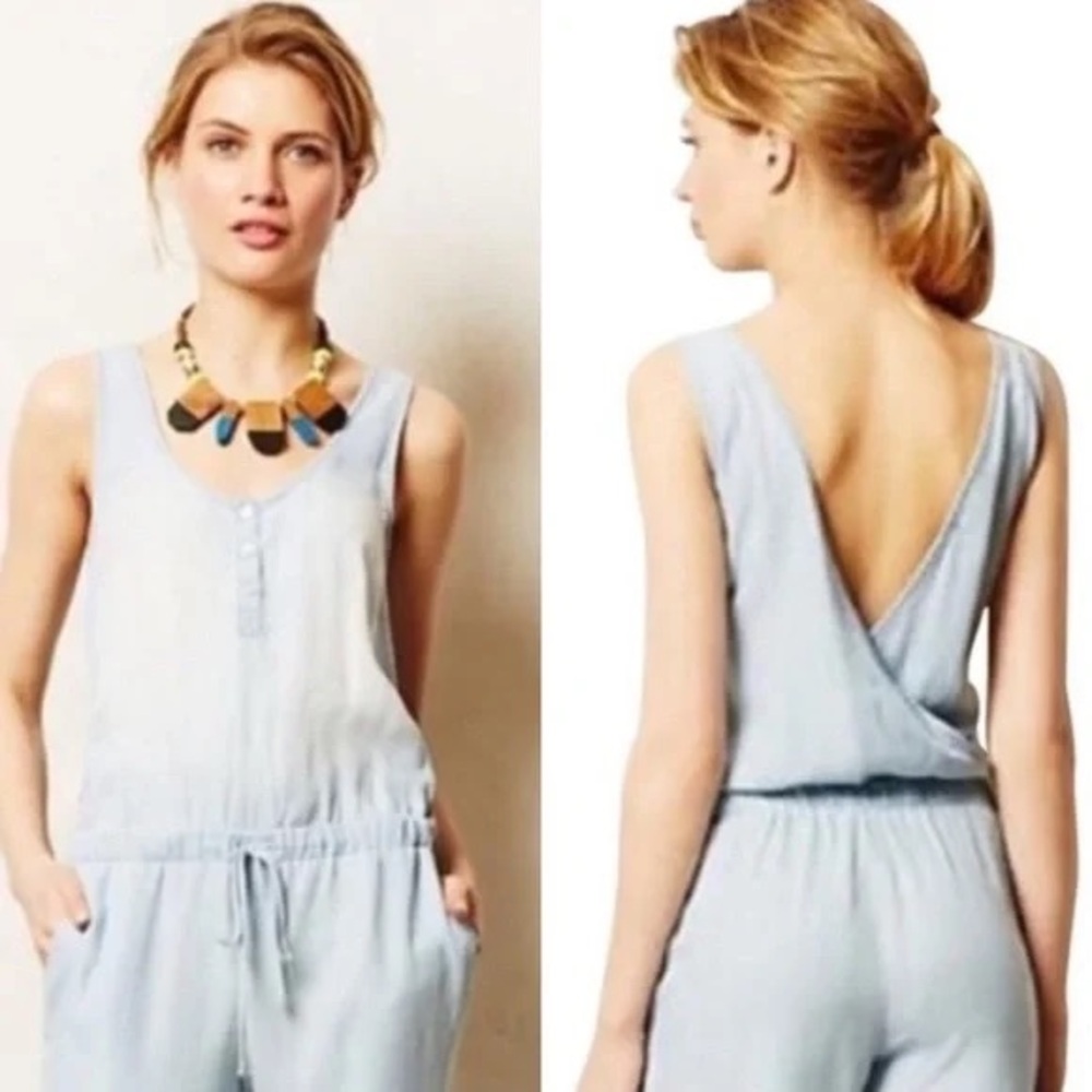 Anthropologie Pilcro Cloth + Stone Large Romper Blue White denim jumpsuit
